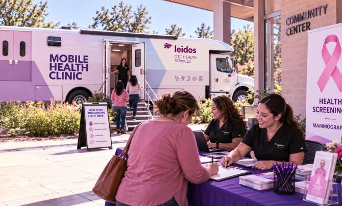 Leidos QTC Health Services mobile health clinic parked outside a community center, with visitors checking in for health screenings and others entering the clinic.