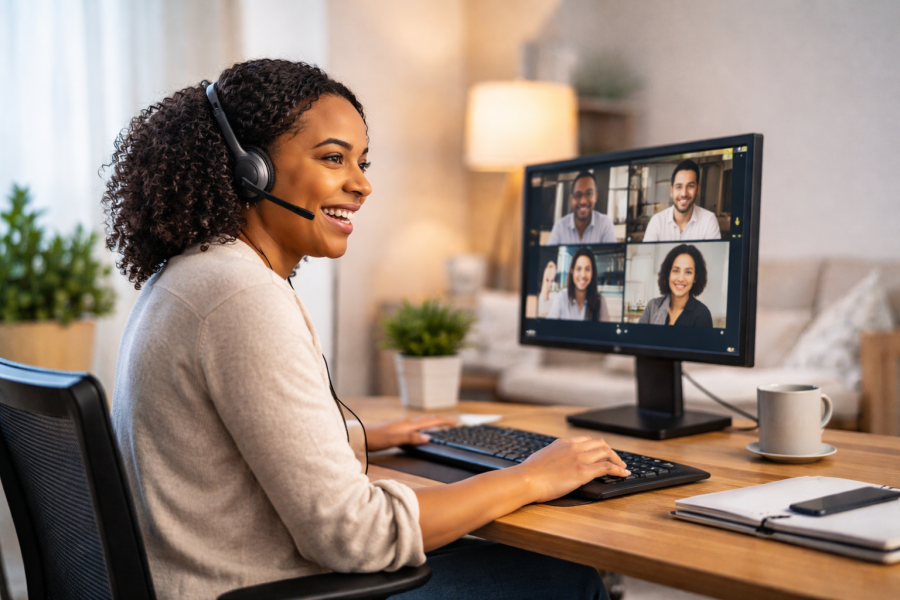 Woman working remotely in home office