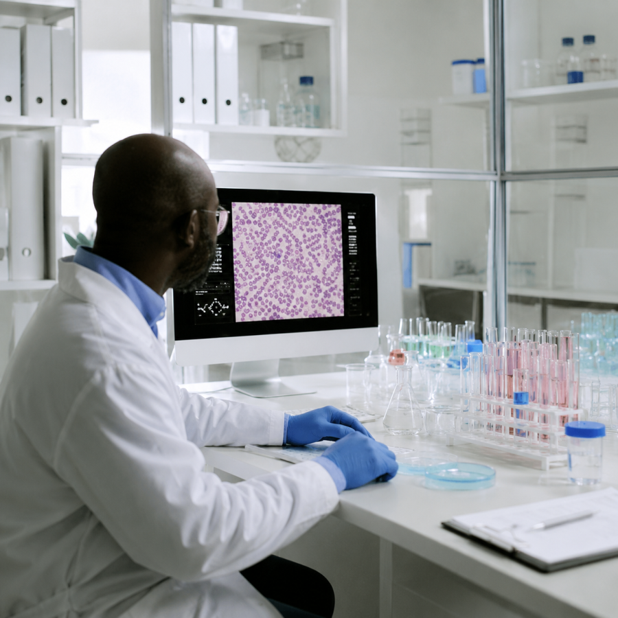Scientist in a white lab coat and blue gloves sits at a laboratory workstation, reviewing microscopic cell images displayed on a computer monitor. Test tubes, laboratory glassware, and research supplies are arranged on the bench in a bright, modern laboratory.