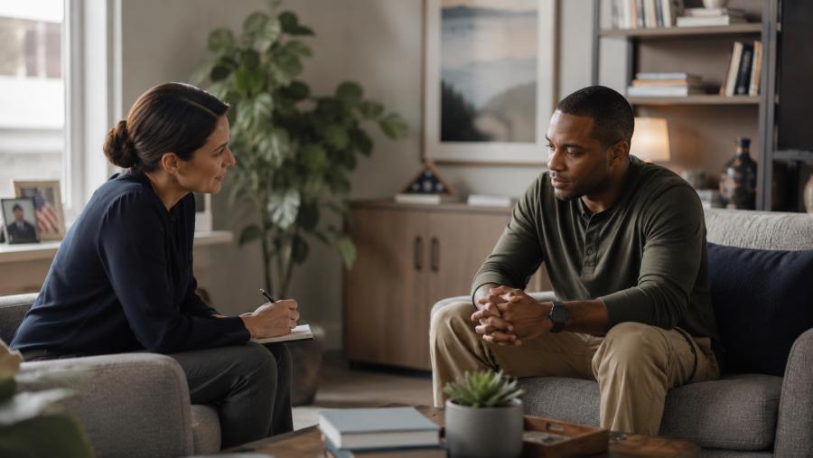 Counselor working with veteran in an office setting. 