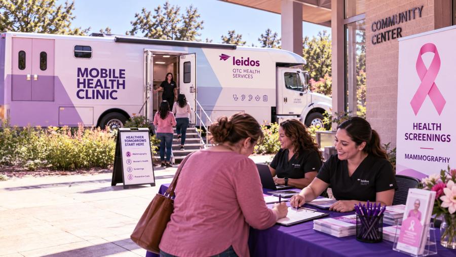 Leidos QTC Health Services mobile health clinic parked outside a community center, with visitors checking in for health screenings and others entering the clinic.
