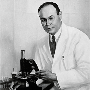Black and white painting of man in a lab coat